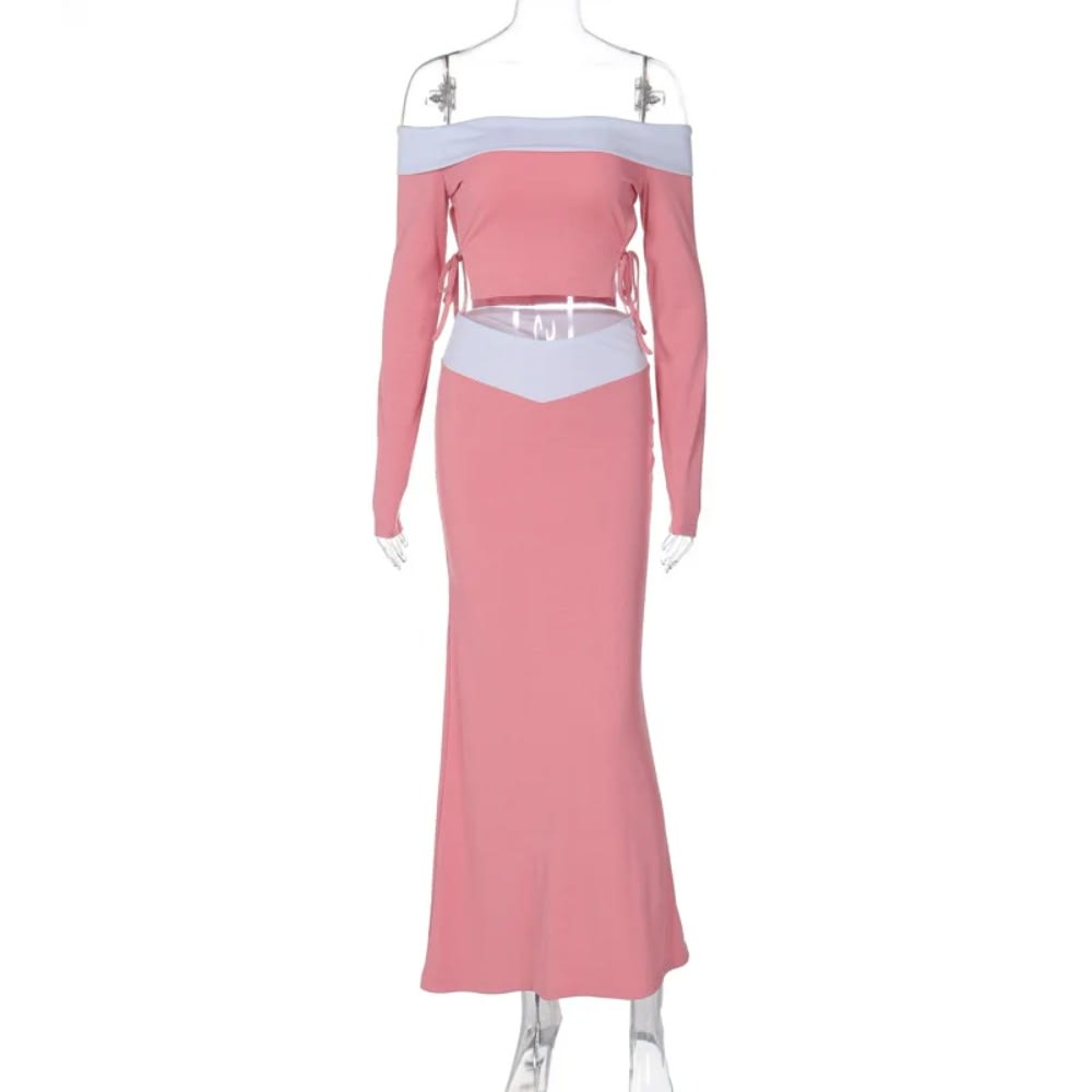 2024 Color Block Patchwork Knitted 2 Piece Set: Off Shoulder Top + Long Skirt
